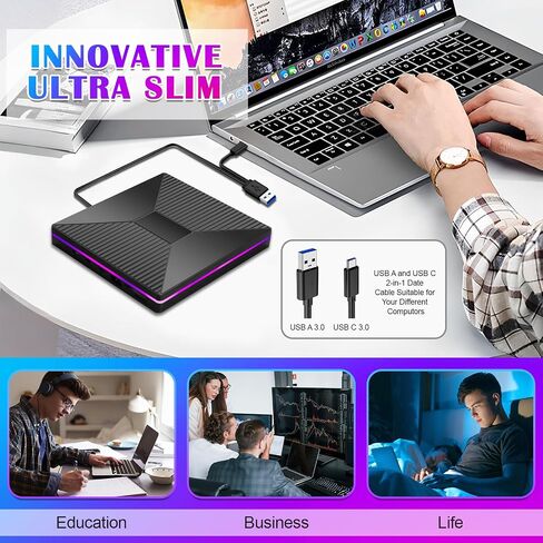 CD DVD Drive with Ambient Lighting USB C CD/DVD +/-Rw Drive CD ROM Burner Reader Writer with USB/ SD/TF Ports & Audio Out, Optical Disc Drive DVD Player for Laptop PC Mac MacBook Air/Pro Windows 11/10 in Saudi Arabia