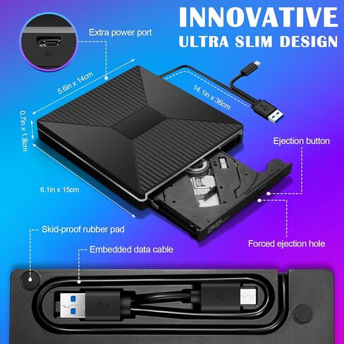 CD DVD Drive with Ambient Lighting USB C CD/DVD +/-Rw Drive CD ROM Burner Reader Writer with USB/ SD/TF Ports & Audio Out, Optical Disc Drive DVD Player for Laptop PC Mac MacBook Air/Pro Windows 11/10 in Saudi Arabia