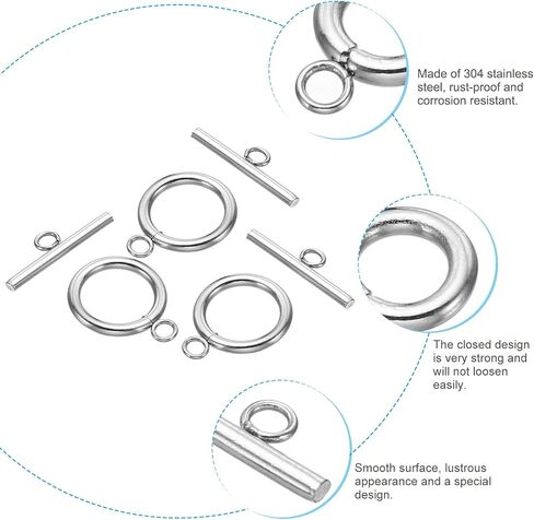 Patikil 10mm/0.39in dia Colasp Clasp ، 20 مجموعة 304 موصل Clasp Clasp مستدير من الفولاذ المقاوم للصدأ و T-Bar لمجوهرات صنع سوار القلادة Craft ، Silver in Saudi Arabia