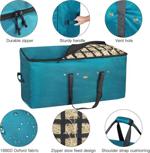 حقيبة Hay Bale ، 44 × 18 × 222 حقيبة قش كبيرة كبيرة مع تصميم بطيء في التغذية البطيئة للخيول الماعز حمار الأغنام ، حقيبة تخزين بيل الثقيلة في أكسفورد الثقيلة في الحظيرة (أسود) (أسود) in Kuwait