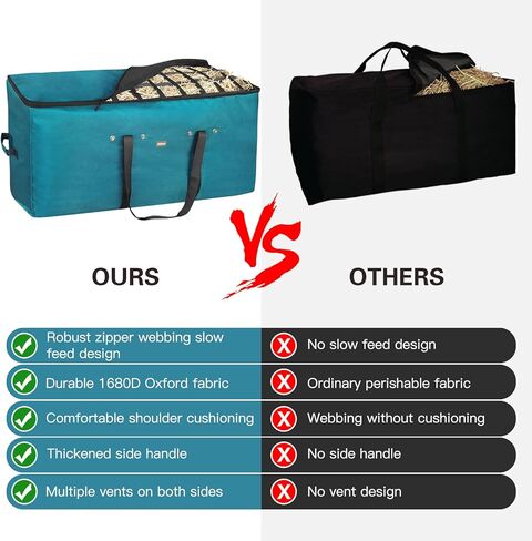 حقيبة Hay Bale ، 44 × 18 × 222 حقيبة قش كبيرة كبيرة مع تصميم بطيء في التغذية البطيئة للخيول الماعز حمار الأغنام ، حقيبة تخزين بيل الثقيلة في أكسفورد الثقيلة في الحظيرة (أسود) (أسود) in Kuwait