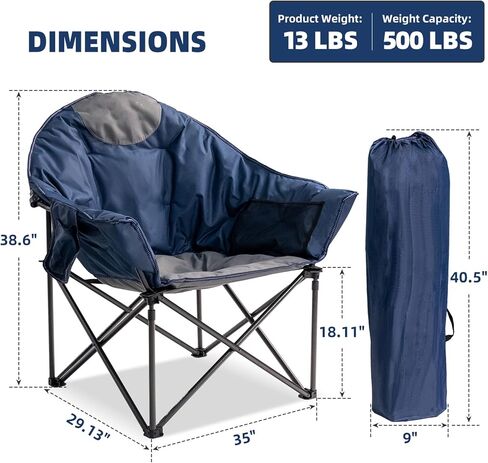 Oversized Camping Chair with Cup Holder & Carry Bag - 500lbs Heavy Duty Moon Saucer Chair for Outdoor, Lawn, Sports, Patio - Padded Folding Sofa Chair, Blue & Gray in Kuwait