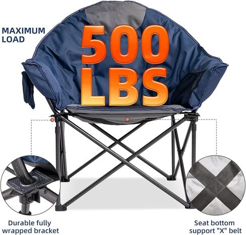 Oversized Camping Chair with Cup Holder & Carry Bag - 500lbs Heavy Duty Moon Saucer Chair for Outdoor, Lawn, Sports, Patio - Padded Folding Sofa Chair, Blue & Gray in Kuwait