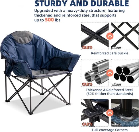 Oversized Camping Chair with Cup Holder & Carry Bag - 500lbs Heavy Duty Moon Saucer Chair for Outdoor, Lawn, Sports, Patio - Padded Folding Sofa Chair, Blue & Gray in Kuwait
