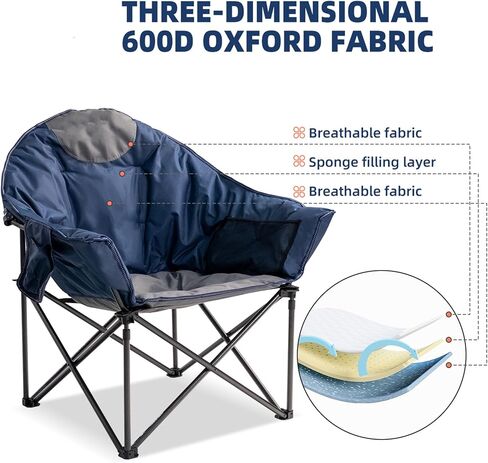 Oversized Camping Chair with Cup Holder & Carry Bag - 500lbs Heavy Duty Moon Saucer Chair for Outdoor, Lawn, Sports, Patio - Padded Folding Sofa Chair, Blue & Gray in Kuwait