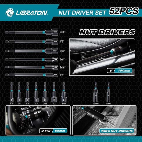 LIBRATON 54PCS Magnetic Nut Driver Set, Impact Drill Driver Bit 1/4", Metric & SAE Nut Driver for Impact Drill, Socket Adapters, Screwdriver Bits, Quick-Release Extension, Wing Nut Driver, Storage Box in Kuwait