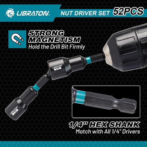 LIBRATON 54PCS Magnetic Nut Driver Set, Impact Drill Driver Bit 1/4", Metric & SAE Nut Driver for Impact Drill, Socket Adapters, Screwdriver Bits, Quick-Release Extension, Wing Nut Driver, Storage Box in Kuwait