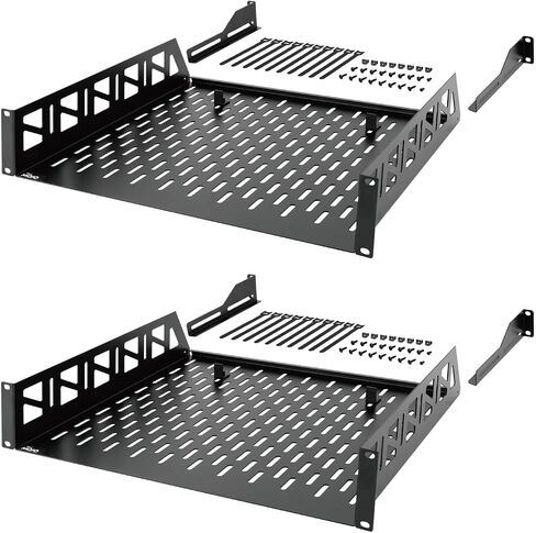 Tecmojo 2 Pack 2U Rack Shelf,19 inch Rack Mount Shelf 14 inch Depth,with Anti-Slip Stops,Server Rack Shelf and Network Shelf for 19 in Equipments, 55lbs Capacity of Vented 2U Shelf,Black,No Lip in Kuwait