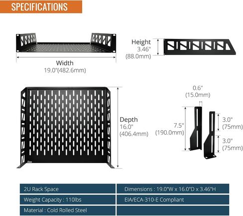Tecmojo 2 Pack 2U Rack Shelf,19 inch Rack Mount Shelf 14 inch Depth,with Anti-Slip Stops,Server Rack Shelf and Network Shelf for 19 in Equipments, 55lbs Capacity of Vented 2U Shelf,Black,No Lip in Kuwait