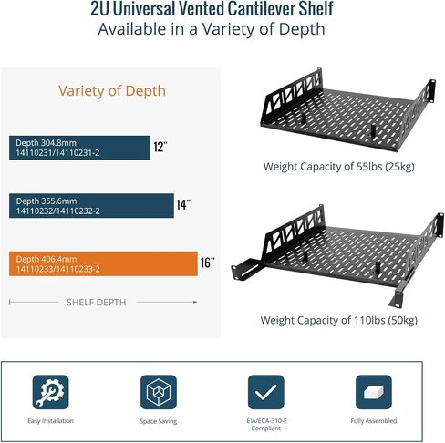 Tecmojo 2 Pack 2U Rack Shelf,19 inch Rack Mount Shelf 14 inch Depth,with Anti-Slip Stops,Server Rack Shelf and Network Shelf for 19 in Equipments, 55lbs Capacity of Vented 2U Shelf,Black,No Lip in Kuwait