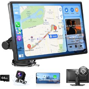 9 "Carplay و Android Auto Touch الشاشة ، ستيريو للسيارة اللاسلكية مع كاميرا داش 4K ، كاميرا احتياطية 1080 بكسل ، تنقل GPS ، رابط المرآة ، التحكم الصوتي ، FM ، Siri ، Bluetooth لجميع المركبات