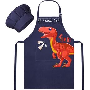 MHJY Kids Apron and Chef Hat for Boys Dinosaur Child Aprons with Pockets,Adjustable Child Apron for Cooking Baking Painting,Navy-Yellow,Small (3-7 Years)