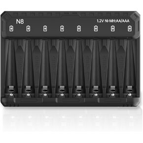 AA AAA Battery Charger, 8 Bay Smart Charger for Ni-MH Ni-CD Rechargeable Batteries, Independent Control Battery Charger with 5V 2A Fast Charging Function and LED Light