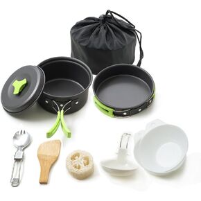 HONEST OUTFITTERS Portable Camping cookware Mess kit Folding Cookset for Hiking Backpacking 10/11 Piece Lightweigh Durable Pot Pan Bowls Spork with Nylon Bag Outdoor Cook Equipment