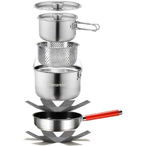 Camping Cookware Set 304 Stainless Steel Cooking Pots Pan Set with Travel Tote Bag For Camping Outdoor Kitchen Cooking Picnic For 4-6