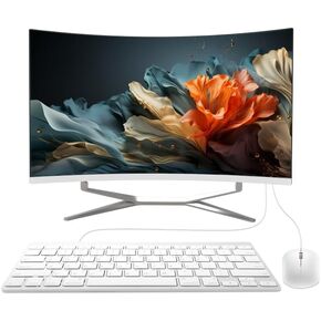 الكمبيوتر المكتبي الكل في واحد ، 27 "عرض FHD شاشة منحنية PC 8GB RAM 512 SSD ، WiFi و Bluetooth ، لوحة المفاتيح والماوس ، الأبيض (N100/8G/512G)