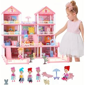Dollhouse with 4-Story 11 Rooms,Princess Dream Gift Doll House Playset with 4 Dolls 2 Pet,DIY Pretend Playhouse with Stairs and Furniture,Christmas Toy Gift for Girls Ages 3 4 5 6 7 8 9 10 Year Old