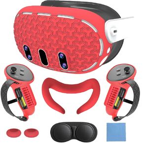 VR Cover Accessories Set Compatible with Meta Quest 3, MLemonVR Silicone Face Cover, VR Shell, Controller Grips, Protective Lens Cover, Button Caps, Nose Guard + Cloth - TPU (Pink)