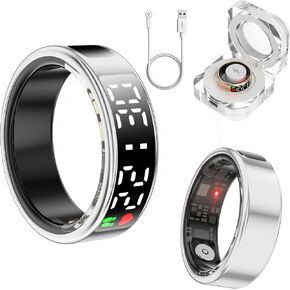 Smart Ring Health Tracker with LED Display Screen, IP68 Waterproof Fitness Ring, Bluetooth Connection Health Ring Compatible with iOS/Android, Activity Tracker/Heart Rate/SpO2/Sleep/Step (Silver, 10#)