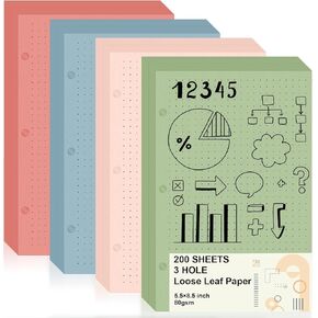 200 Sheets Half Letter 3 Hole Notebook Refill Paper 5-1/2 x 8-1/2 Loose Leaf Paper for Mini Binder Colored Lined Paper Bulk College Ruled Filler Paper for Planner Inserts for School Office