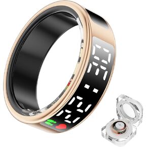 Smart Ring with Screen+Touch Sleep&Fitness Tracking Wearable for Women/Men, Accurate Monitoring of Pedometer, Heart Rate, Blood Oxygen, No Subscription Required with Charging Case (Gold, #10)