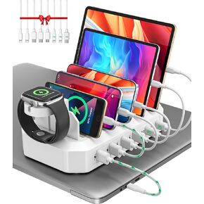 【2025 محطة شحن سريعة 95 واط للأجهزة المتعددة 【UL & FCC شحن أكثر أمانًا】】 6-Port USB شحن Dock مع 2 pd-port ، متوافق مع iPhone/Android/MacBook/iPad/tablet/kindle