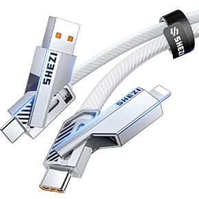 كابل USB C 4 في 1 [مُحسّن] بقدرة 32 وات 5 أقدام، شحن سريع 90 درجة من النايلون المضفر لسلك شاحن iPhone iPad الزاوية اليمنى [مزامنة بيانات 480 ميجابت في الثانية] مجموعة كابل شحن متعدد مع منافذ L/USB C/USB A