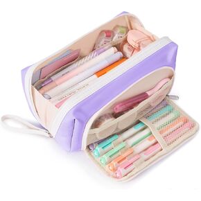 Sooez Big Capacity Pencil Case, Extra Large Pencil Pouch with Zipper Pocket, Wide Opening Pencil Bag, Portable Stationery Organizer, Cute Aesthetic School Office Supplies for Teen Girls Adults, Purple