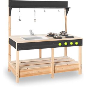 Mud Kitchen Playset ، مطبخ لعبة خشبية في الهواء الطلق مجموعة المطبخ للأولاد والبنات ، وملحقات المطبخ وحوض الحديقة مع صنبور ، بلاك ، وعاء لأدوات الطهي (Black1)