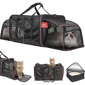 Cat Carrier with Litter Box - INRLKIT Cat Carrier for 2 Cats, Portable 2-in-1 Double Cat Travel Carrier Bag for Traveling, Expandable Cat Carrier for Car, Portable Travel Litter Box for Cats (Grey)