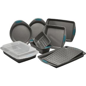 Rachael Ray Noncctick Bakeware مجموعة مع قبضة تشمل مقالي الخبز / الخبز غير اللاصقة ، ملفات تعريف الارتباط / الخبز ومقالي الكيك - 10 قطعة ، رمادية مع قبضة زرقاء بحرية