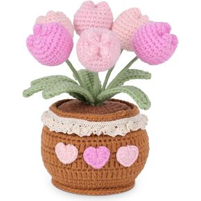 Yellow Tulips Crochet Flower in Pot, Handmade Potted Crocheted Flowers Knitted Flower Bouquet Finished Fake Flower Tulip Gift for Girlfriend Women Home Office Decoration