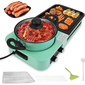 Hot Pot Electric with Grill, 1600W 3 in 1 Smokeless Non-Stick Barbecue Shabu Hot Pot with Dual Temp Control, Multifunctional Teppanyaki Grill Pot, Shabu Korean BBQ for 3-5 People