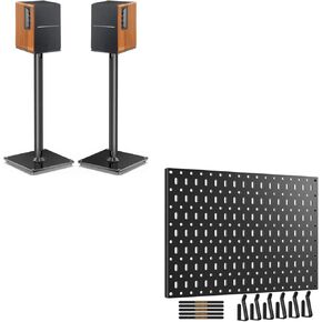 Perlegear Universal Speaker Stands for Surround Sound up to 22lbs and Perlegear Metal Pegboard, 20 lbs Max Load, Wall Organizer with 6 Hooks & 5 Hook & Loop Strips