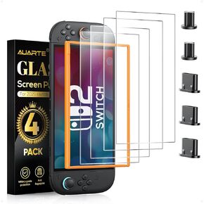 AUARTE [5 قابس الغبار] 4 حزمة شاشة حزمة لـ Nintendo Switch 2 Console 2025 مع إطار محاذاة ، HD Clear Class Glass Skin Assories for Nintendo Switch 2 Screen Protector ،