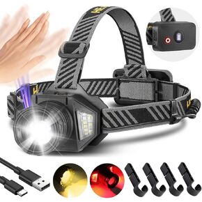 Rechargeable Headlamp, 900000 High Lumen LED Zoomable Head Lamp with Motion Sensor, Super Bright Headlight with 12 Modes & IPX5 Waterproof for Hardhat Outdoor Running Working Camping Fishing Gear