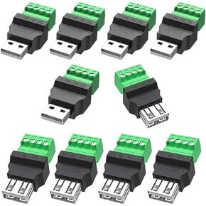 10Pcs USB 2.0 Type A Male/Female to 4 Pin Screw Terminal Connector, 300V 8A Portable Pluggable Type USB A Converter (5Male + 5Female)