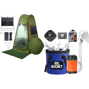 Outdoor Portable Shower Set Tent, Pump, and 5 Gallon Water Bucket), Extended Floor Mat and Indoor LED Sensor Light Green