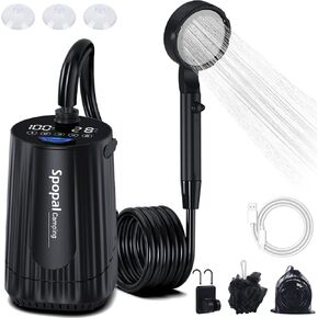 Portable Camping Shower - 10000mAh Rechargeable, 5-Speed, IPX8 Waterproof, LED Display Camp Shower Pump- Perfect for Hiking, Travel, Cars & Pets (Black)