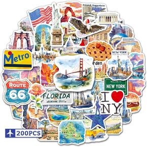200PCS US Travel Stickers USA State Stickers for Scrapbooking Laptop Luggage, Watercolor America City Iconic Landmark National Park Decals for Journal Water Bottle