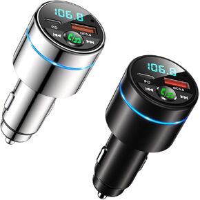 【2pcs】 جهاز إرسال FM لـ Car Bluetooth 5.3 ، Riwusi [All-Metal] PD 30W & QC3.0 18W شاحن سريع للسيارة ، محول سيارة Radio Car Radio Wireless FM ، مكالمة إلغاء ضوضاء مجانية-أسود+فضية
