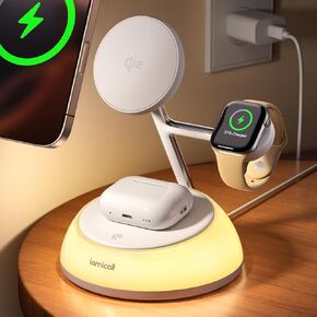 Lamicall 4 in 1 Charging Station for Apple - for MagSafe 15W Fast Qi2 Certified Wireless Charger Stand Night Light, Wireless Nightstand for iPhone 16/15/14/13, Apple Watch, AirPods, Desk Accessories