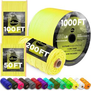 TECEUM Paracord Type III 550 Yellow – 100 ft – 4mm – Tactical Rope MIL-SPEC – Outdoor para Cord –Camping Hiking Fishing Gear and Equipment – EDC Parachute Cord – Strong Survival Rope 019