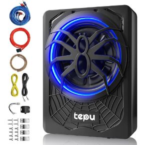 TEPU Slim Car Underseat Subwoofer, 10inch 800W Powered Compact Car Subwoofer Audio with Amp, Blue LED Atmosphere Light Compatible with Multiple Cars, Trucks, SUV