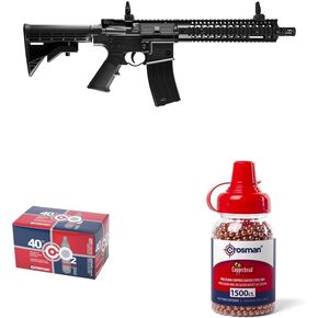 Crosman CFAR1B Full Auto R1 CO2-Powered BB Air Rifle, Black + Crosman 12-Gram CO2 Powerlet Cartridges - Air Rifles & Pistols + Crosman Copperhead 4.5mm Copper Coated BBs In EZ-Pour Bottle (1500-count)