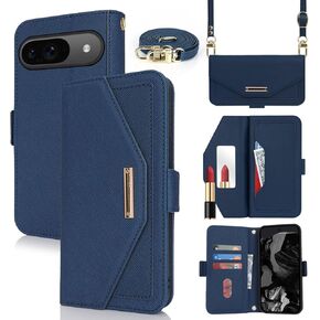 Jaorty Crossbody Wallet for Google Pixel 9/9 Pro Case with Long Shoulder Strap,Credit Card Holder 6.3",PU Leather Handbag Purse Kickstand Make Up Mirror Cover Case for Women Girls,Blue