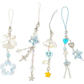 4PCS Blue-phone Charm Y2K Phone Accessories Aesthetic Keychain Star Flower Cloud Starfish Cute Decor String Cellphone Chain Pendant Strap Lanyard Butterfly Crystal Ribbon Bead