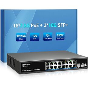 16 Port 2.5G PoE Switch Unmanaged with 16 Port 2.5Gb Base-T PoE+@250W + 2 x 10G SFP+ Uplink, NICGIGA 18 Port 2.5Gbe IEEE802.3af/at Power Over Ethernet Switch, Support WiFi6 AP, NAS, 4K PoE Camera NVR.