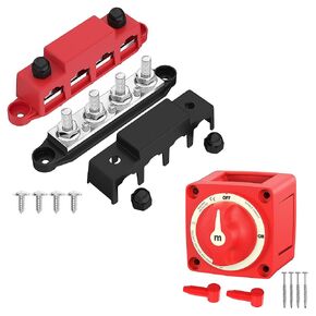 Joinfworld Bus Bar 12V 250A Power Distribution Block 4 x 3/8" Studs with 300A Battery Disconnect Switch 12V 48V Waterproof Marine Battery Cut Off Switch