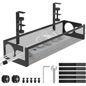 Under Desk Cable Management Tray No Drill 15.4’’, Metal Mesh Cable Management Box with Hybrid Side Slots & Reinforced Basket,Adjustable Cable Tray with Wire Management for Office Home,1 Pack (Black)